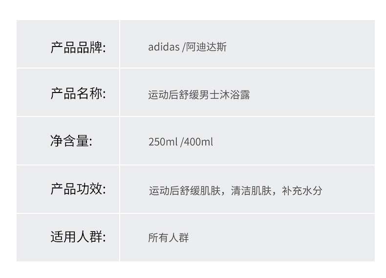 Adidas阿迪达斯男士功能型香波沐浴露--运动后舒缓沐浴露（三合一）