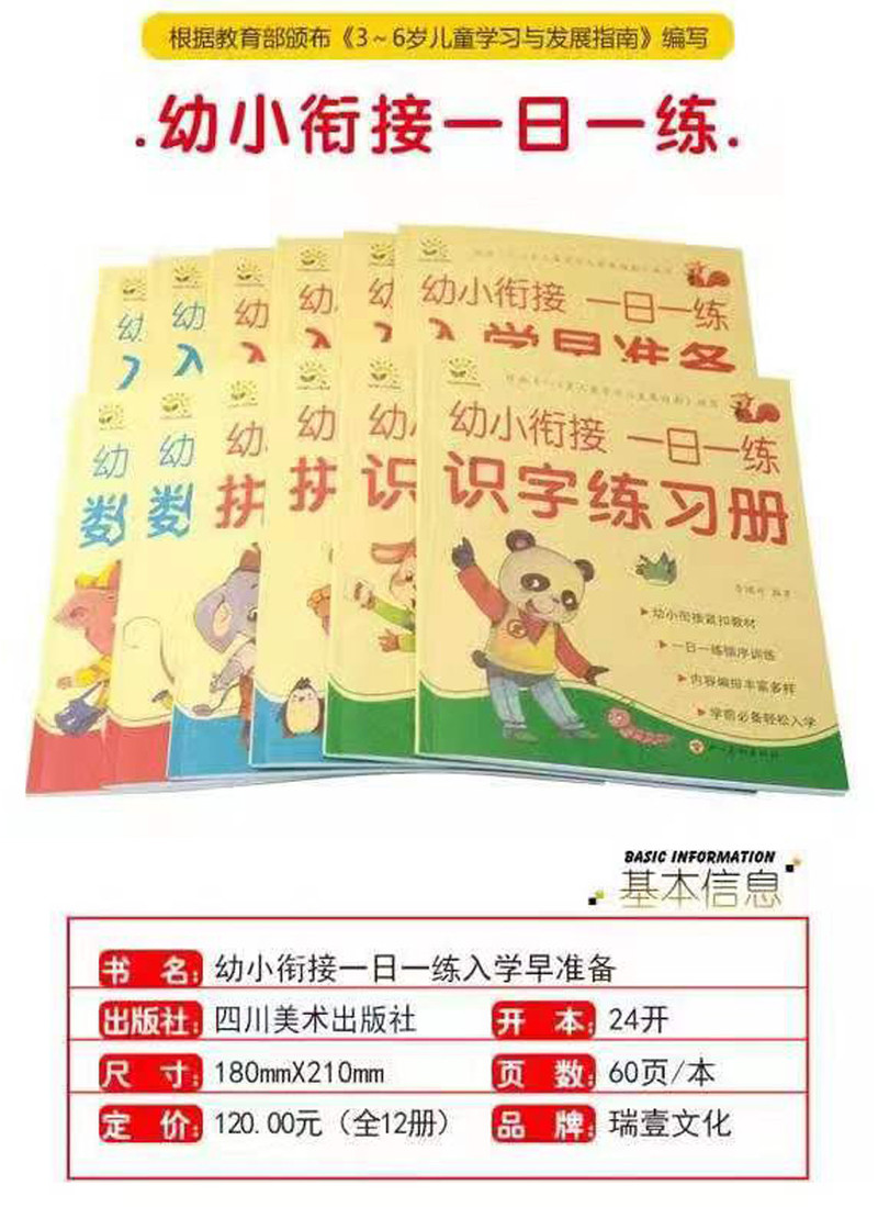 幼儿园教材全套12册 幼小衔接 大班升一年级识字 数学整合一日一练拼音学前班（文）