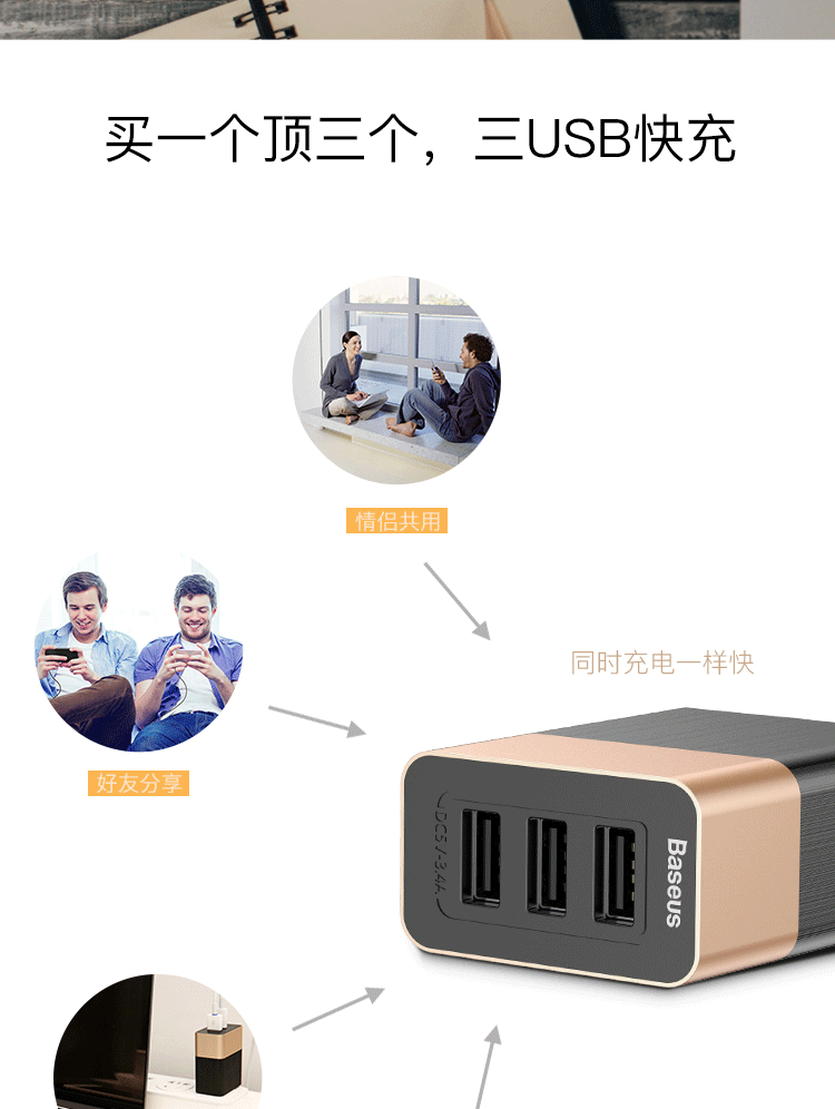 倍思 公爵智能快充充电器 3USB 3.4A 中规