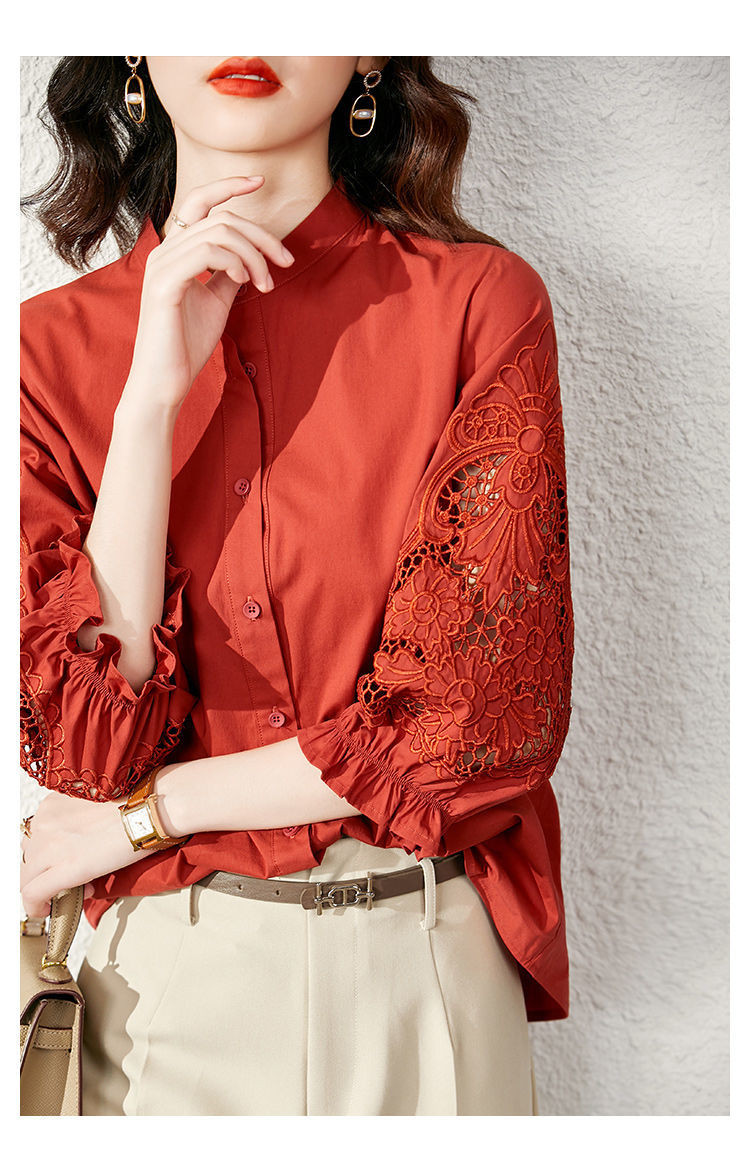 红色重工刺绣棉布衬衫女设计感小众春季夏季立领衬衣七分袖上衣
