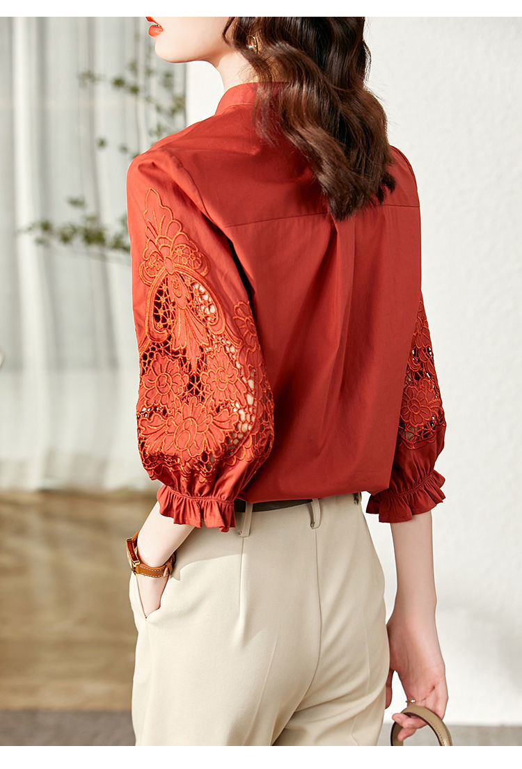 红色重工刺绣棉布衬衫女设计感小众春季夏季立领衬衣七分袖上衣