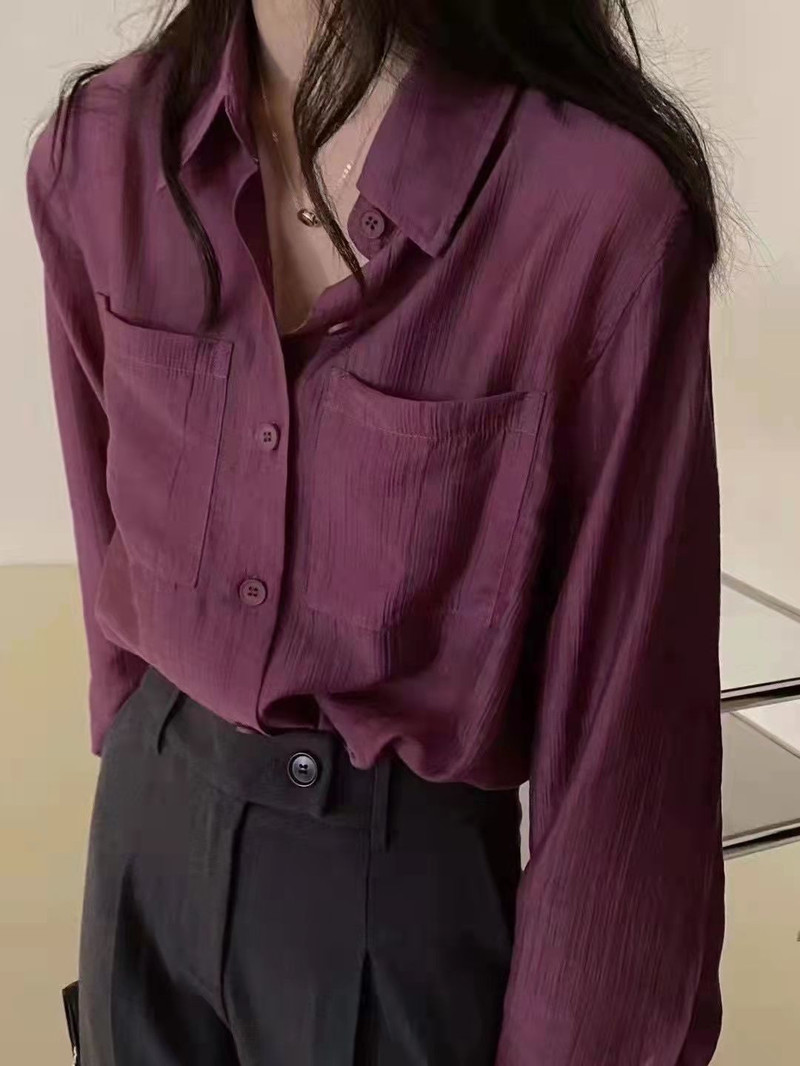 韩国时尚葡萄紫口袋百搭长袖衬衫女新款纯色宽松外穿衬衣