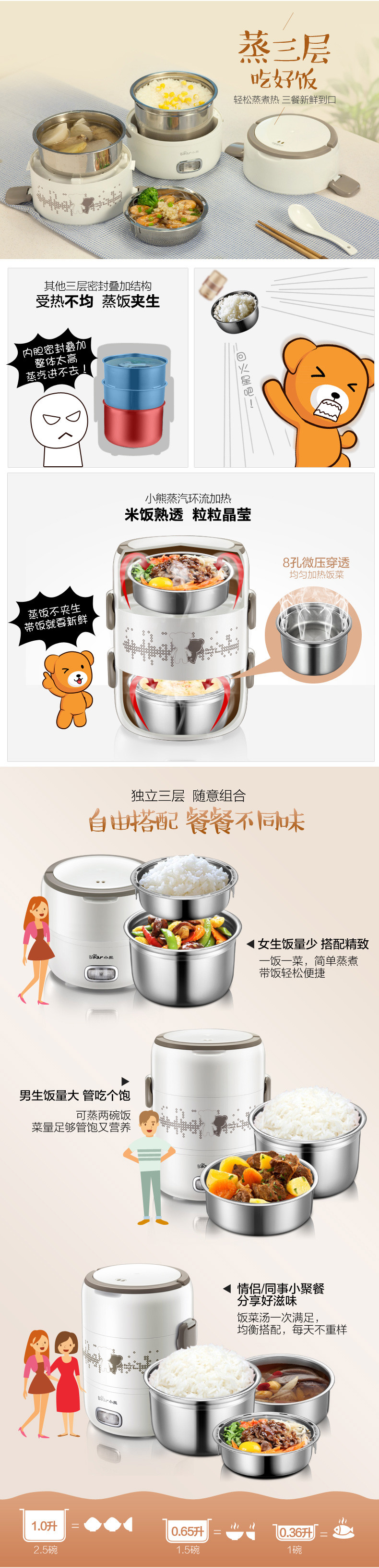 Bear/小熊 DFH-S2358 电热饭盒加热饭盒保温可插电加热三层蒸饭器