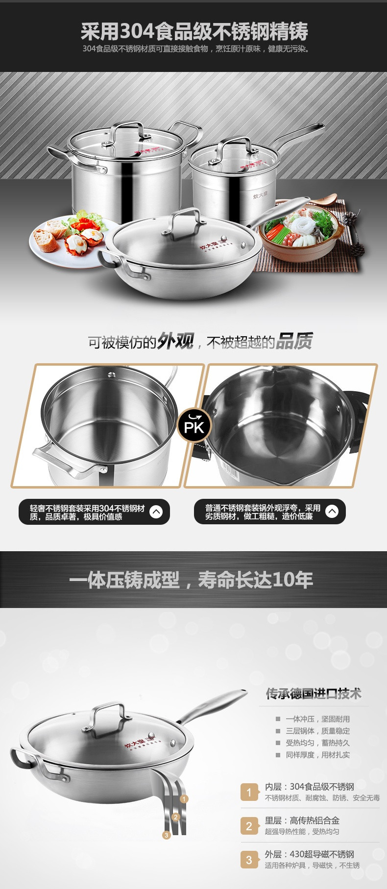 炊大皇/COOKER KING  轻奢304不锈钢厨具组合套装 烹饪锅具蒸煮炒锅汤锅奶锅