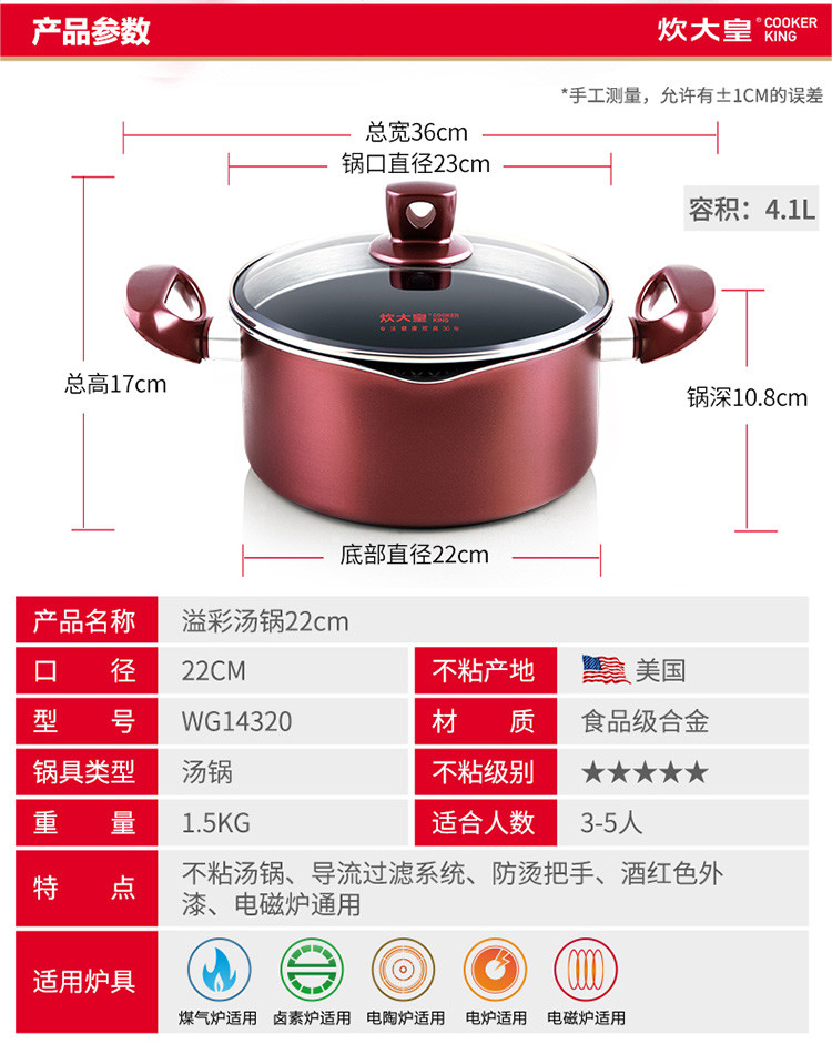 炊大皇/COOKER KING 炊大皇 汤锅煲汤锅小汤锅 不粘汤锅 溢彩复底电磁炉通用锅 22CM