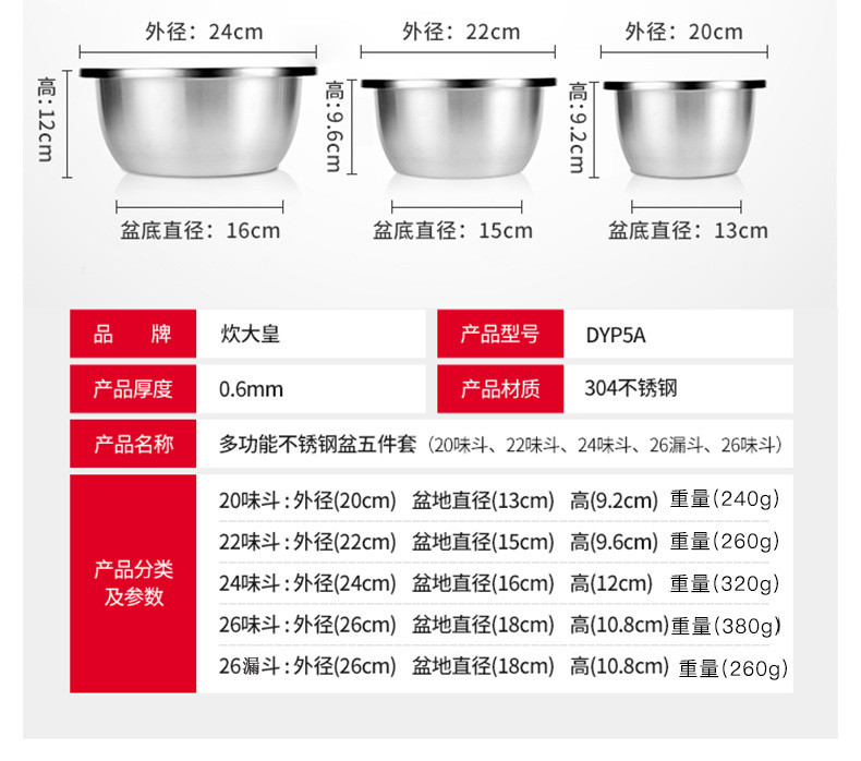 炊大皇/COOKER KING 不锈钢盆套装沙拉碗打蛋盆斗菜沥水盆漏盆汤盆和面盆洗菜盆五件套（小号）