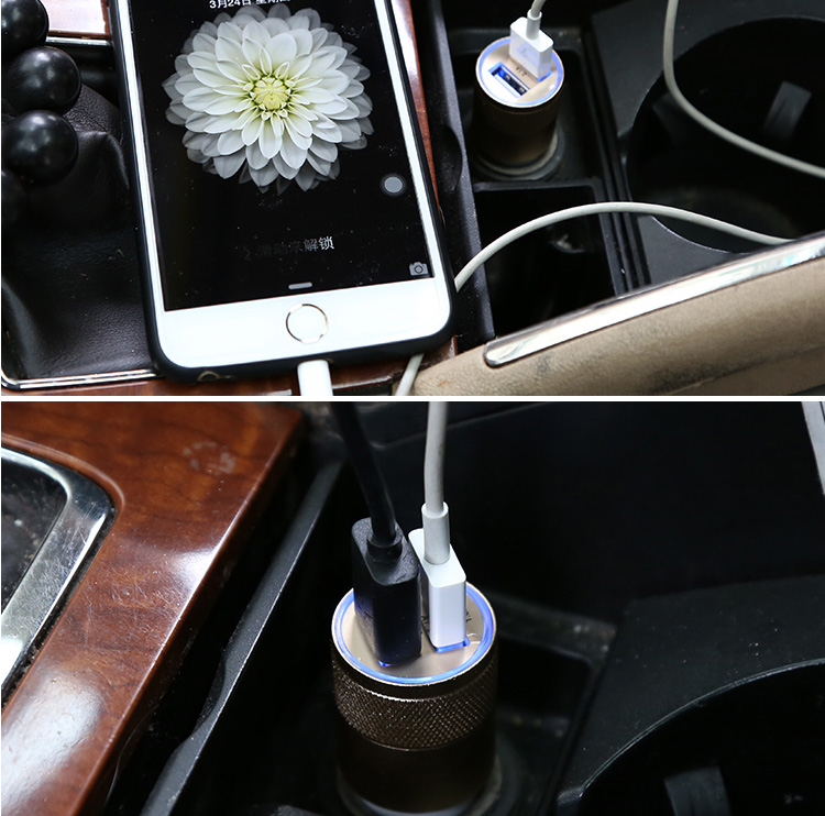 汽车车载充电器套装 二合一数据线 车充双USB转接口一拖二点烟器 通用万能手机快充