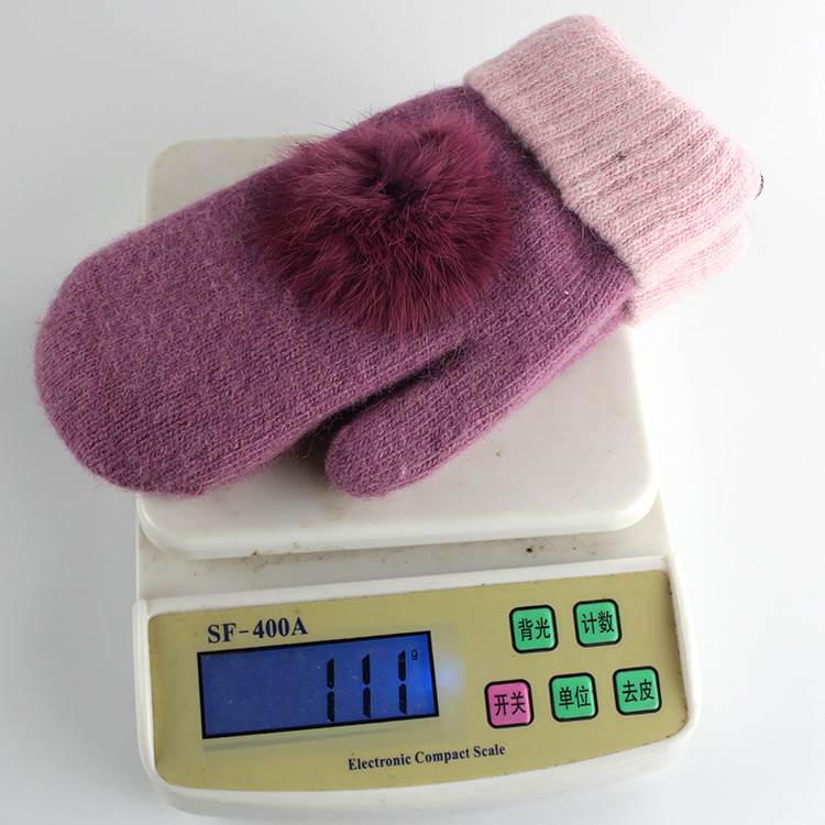 秋冬季手套 羊毛女士 超厚保暖兔毛球双层加厚连指针织手套