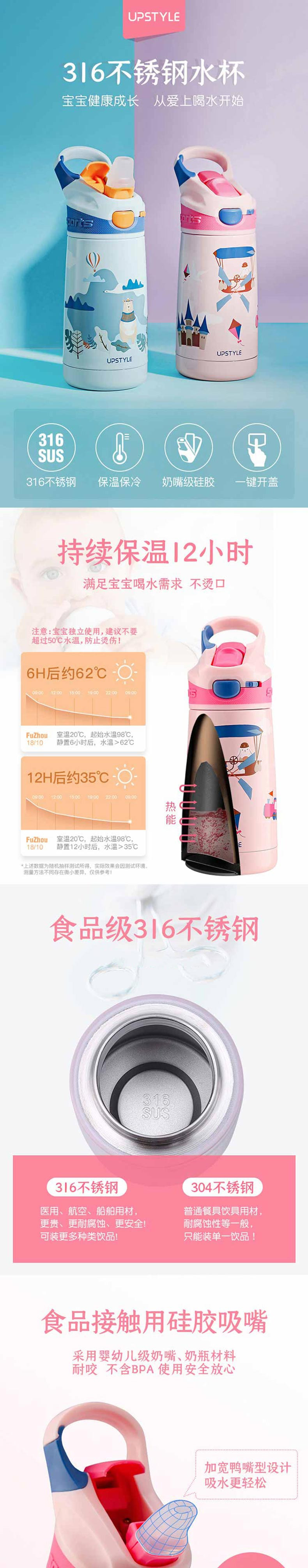 悠家良品/UPSTYLE 儿童不锈钢吸管保温杯宝宝水壶 UPA-SC019