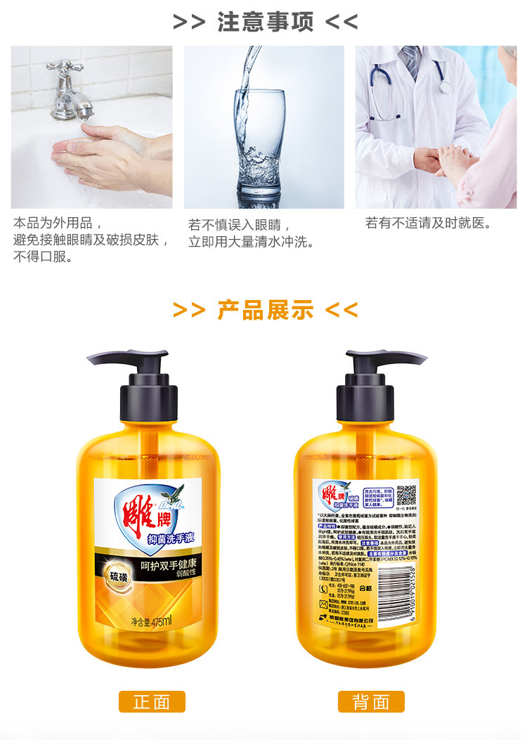 雕牌/diaopai洗手液抑菌洗手液成分温和护手475ml*2瓶家庭装