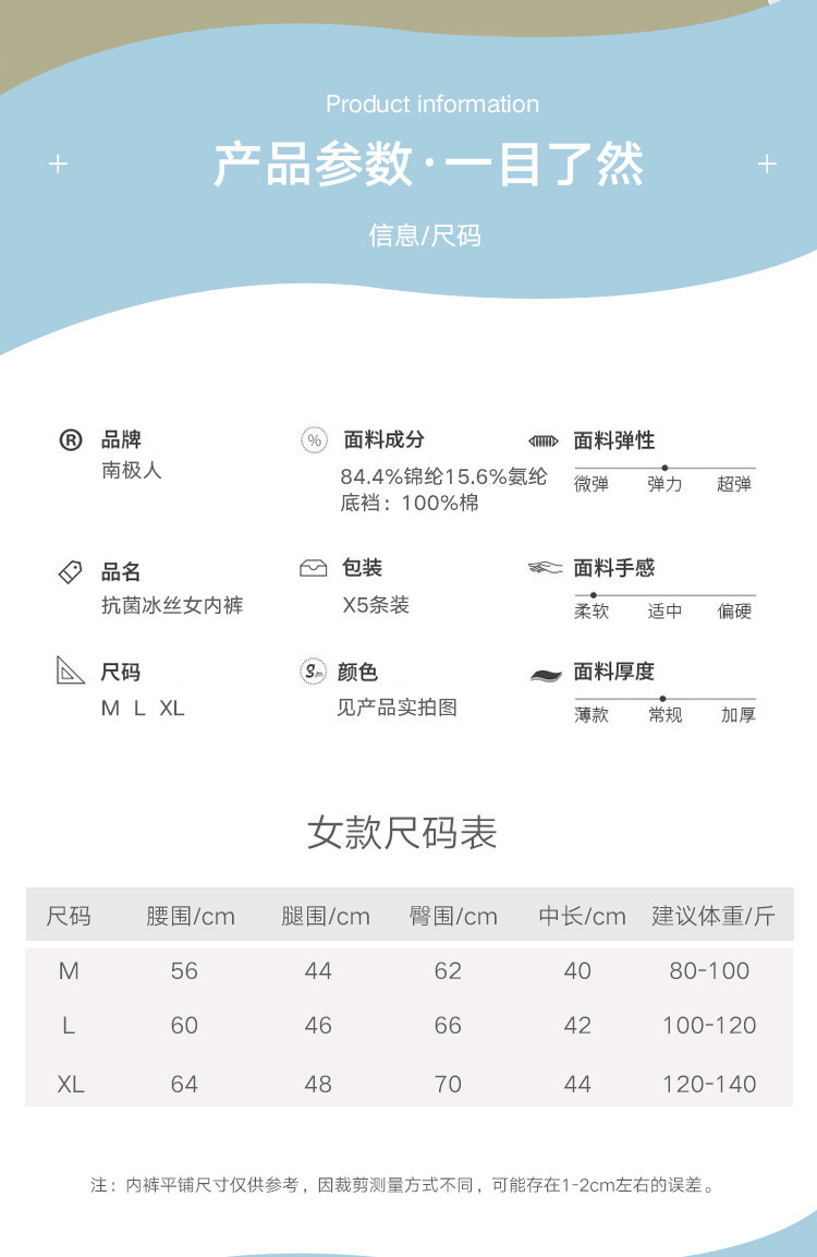 南极人女士内裤女纯棉底裆透气抗菌冰丝中腰女式三角裤5条装 混色JF