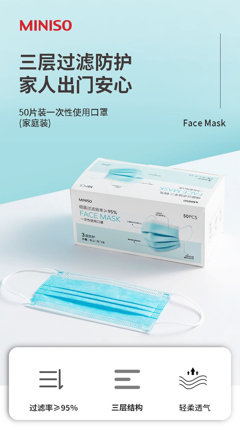 名创优品/MINISO  50片装一次性使用口罩（家庭装）3层防护透气舒适防霾防尘防飞沫 单盒装