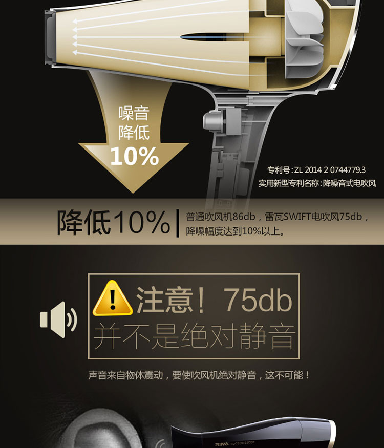 雷瓦 (RIWA) 家用吹风机速干 恒温护发 大风嘴电吹风RC-7202