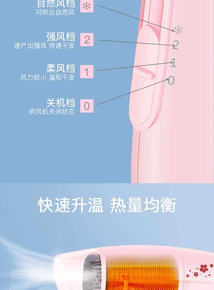 雷瓦(RIWA) 电吹风机 1200W恒温家用迷你可折叠吹风筒 RC-7112 粉色