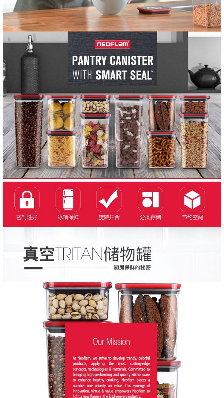 NEOFLAM Tritan储物罐正方形2.1L两件套 灰色、粉色 两色可选