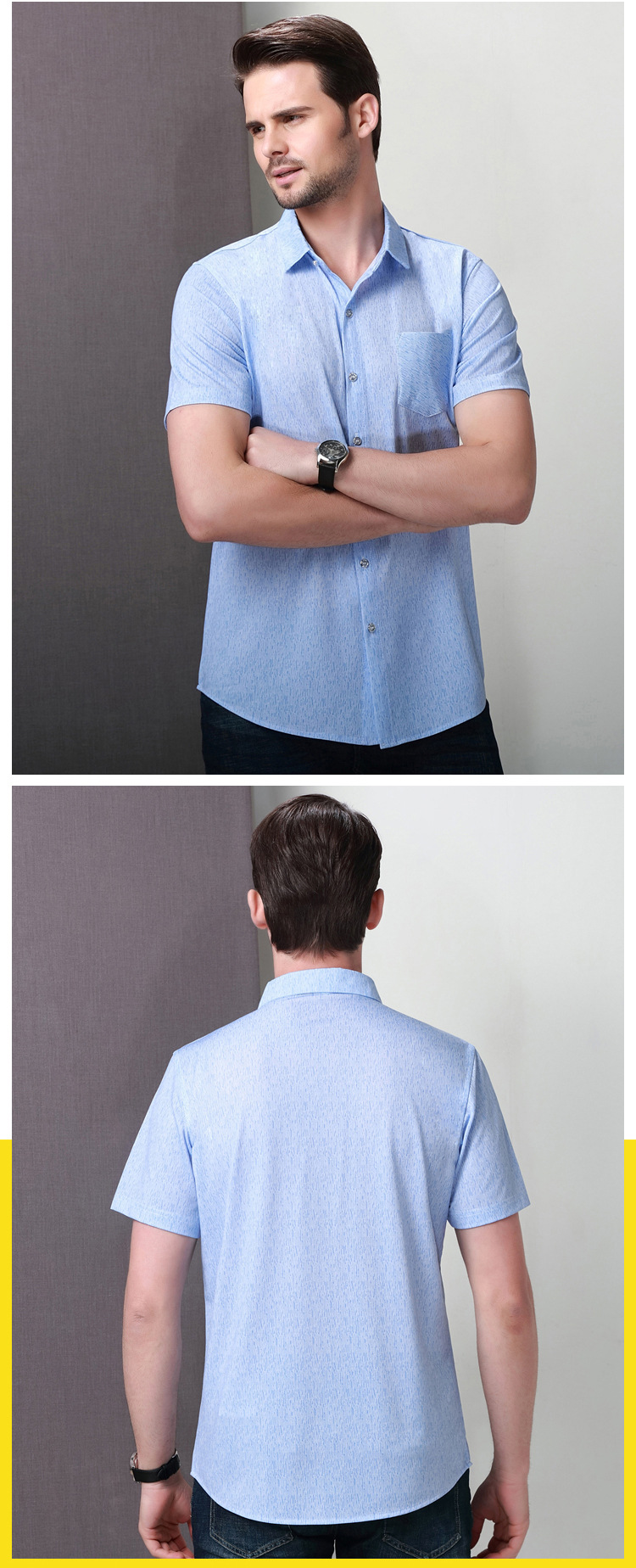 依诺柏尼  商务休闲男式纯色短袖衬衫 中年夏季男装桑蚕丝短袖衬衣6602