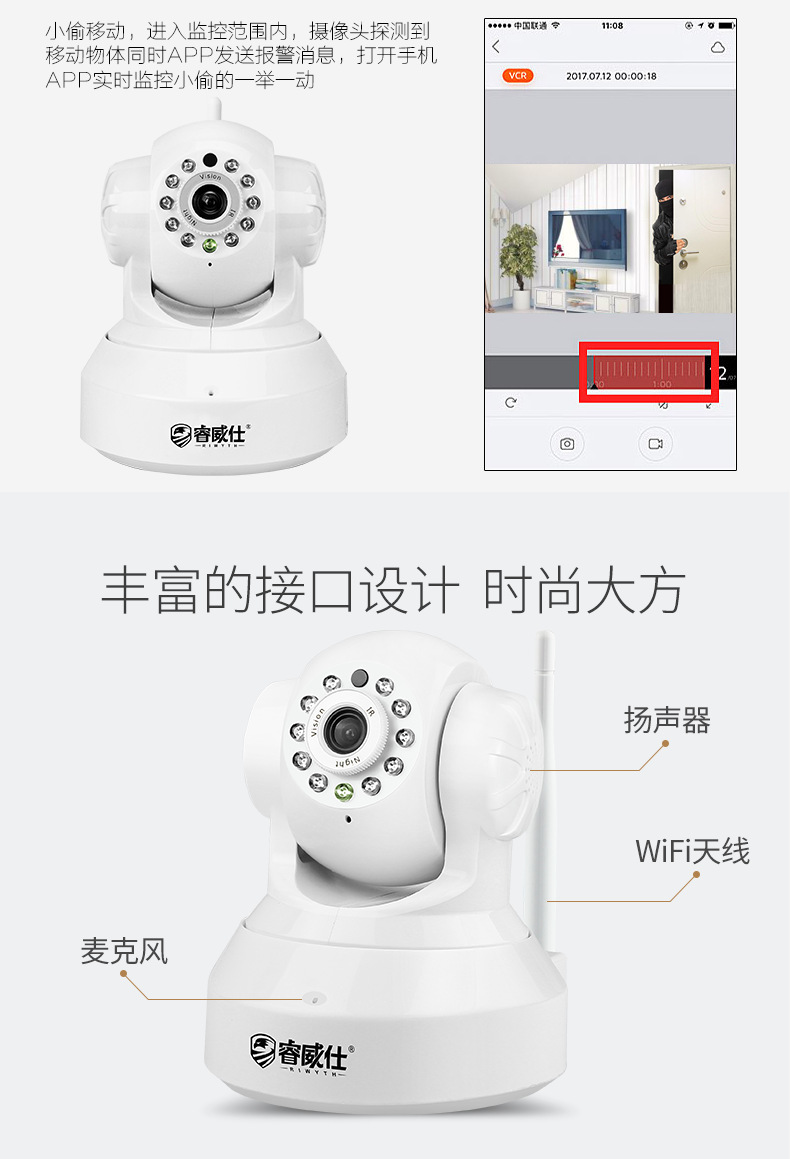 睿威仕  高清监控摄像头 智能无线wifi云存储摄像机远程插卡一体机	RW-C200HD