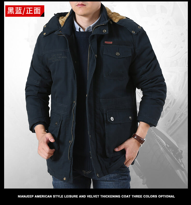 吉普盾    冬季男士多袋工装棉衣男中长款加绒加厚中年保暖棉袄外套M8592