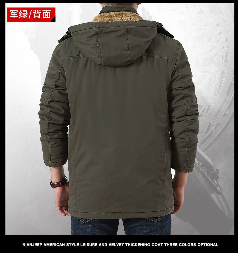 吉普盾    冬季男士多袋工装棉衣男中长款加绒加厚中年保暖棉袄外套M8592