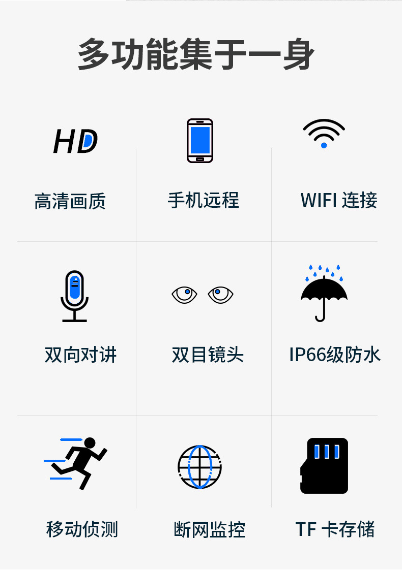 WIFI高清智能双目摄像头监控球机室外防水手机远程监控器报警