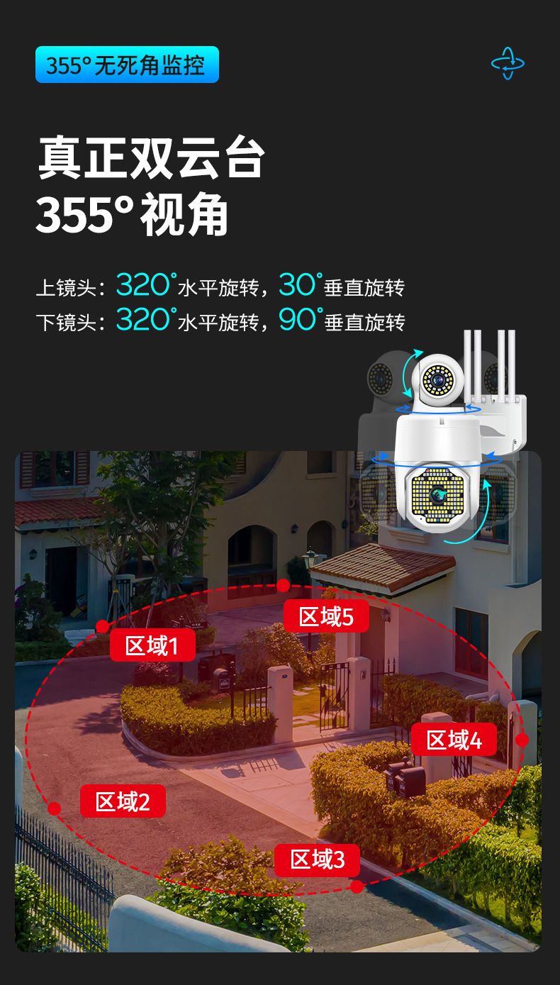 AI智能网络高清双目摄像头无线监控器手机远程报警夜视全彩外防水