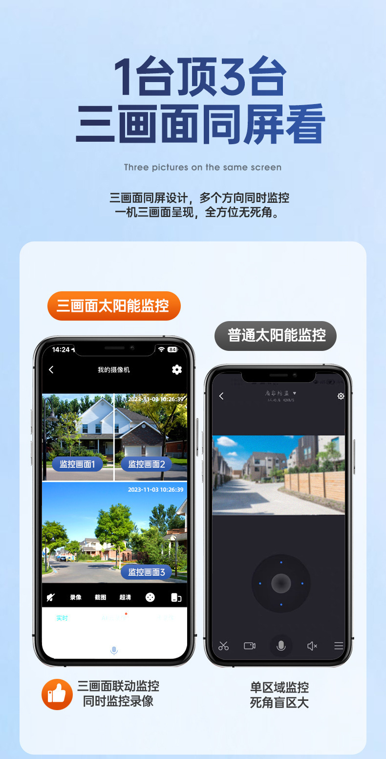 睿威仕 三画面太阳能监控摄像头360度全景无网远程不插电室外监控