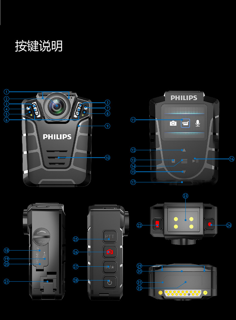 飞利浦/PHILIPS VTR8110 执法记录仪 便携音视频记录仪1080P高清红外夜视摄像机