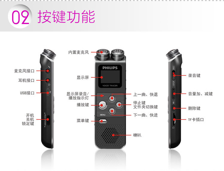 飞利浦/PHILIPS VTR6900 会议采访 高采样率高音质PCM线性一键紧急飞利浦录音笔