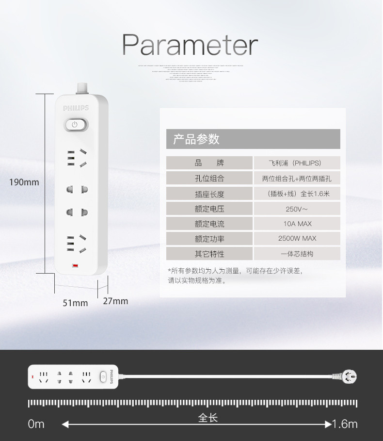 飞利浦（PHILIPS）新国标安全插座 4孔位总控 1.6米 插线板/插排/排插 儿童保护门