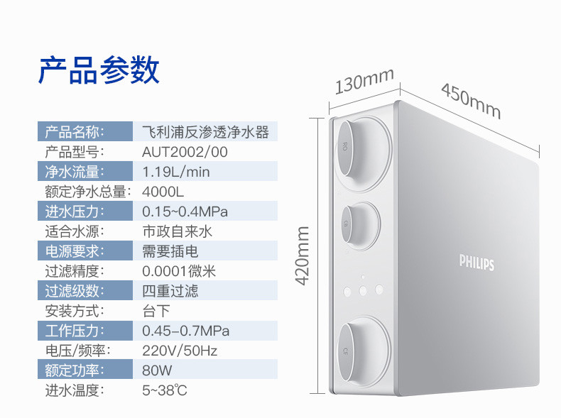 飞利浦阿波罗AP400净水器 厨房家用直饮RO反渗透纯水机 400G大通量净水机 AUT2002