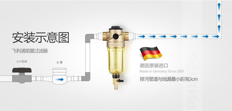 飞利浦家用中央前置过滤器 德国进口40微米反冲洗 管道过滤净水器 WP4100/00