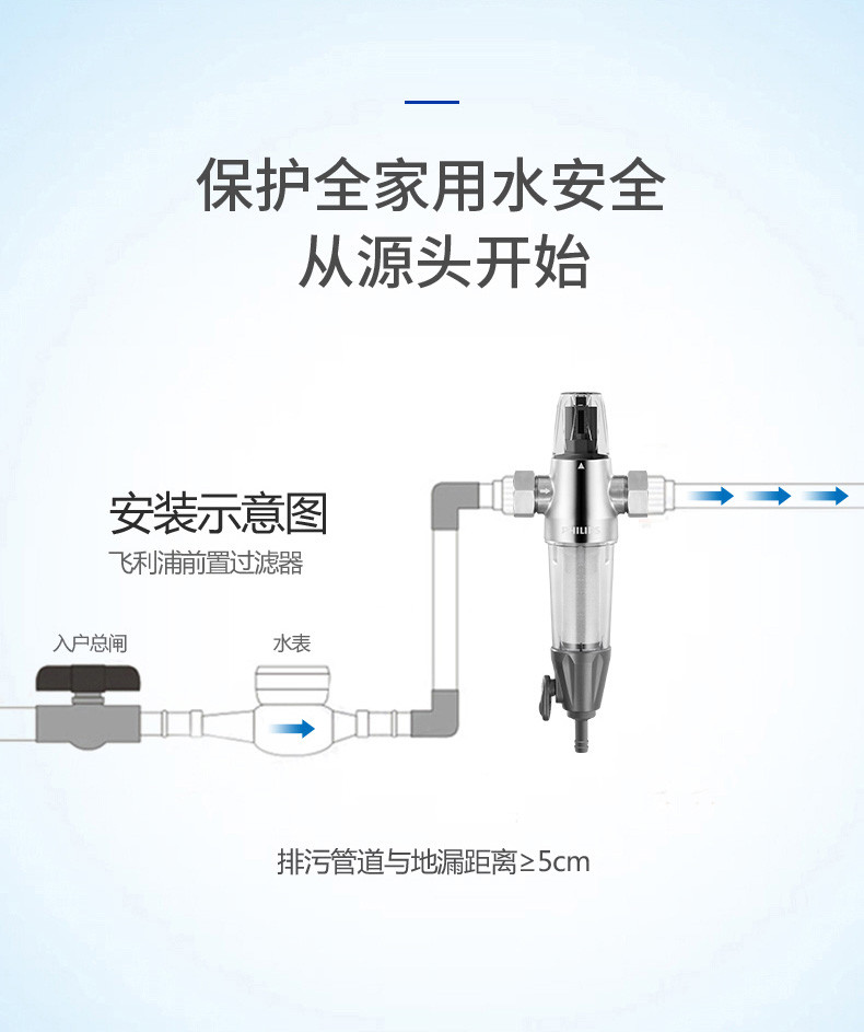 飞利浦家用中央前置过滤器 全屋净水40微米剪切式直冲不锈钢稳压款 管道过滤净水器  AWP9815