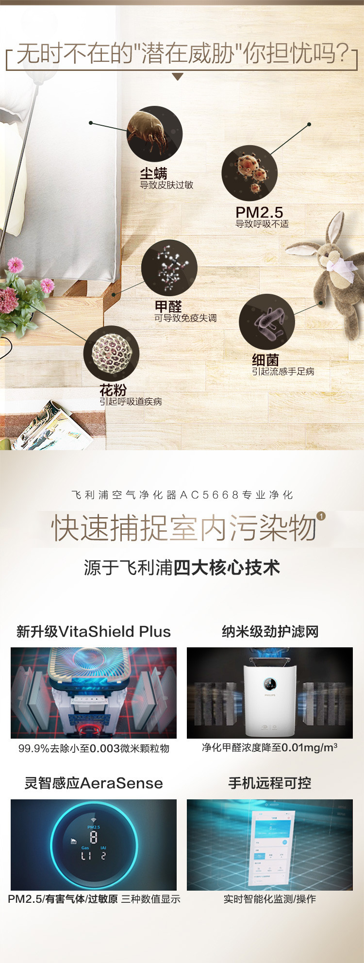 飞利浦（PHILIPS）空气净化器 家用除甲醛除细菌PM2.5 京鱼座智能生态产品AC5668/00