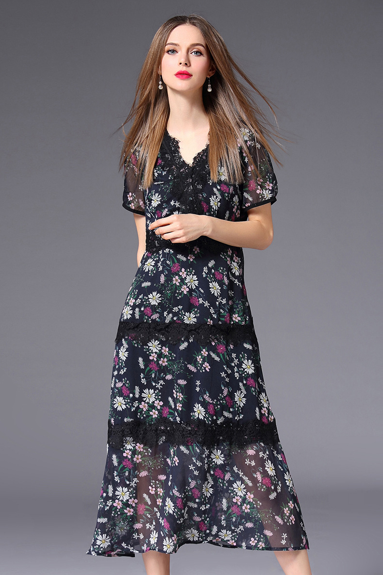 法米姿  新款女装夏季欧美时尚短袖收腰黑色碎花蕾丝边雪纺连衣裙长裙98119