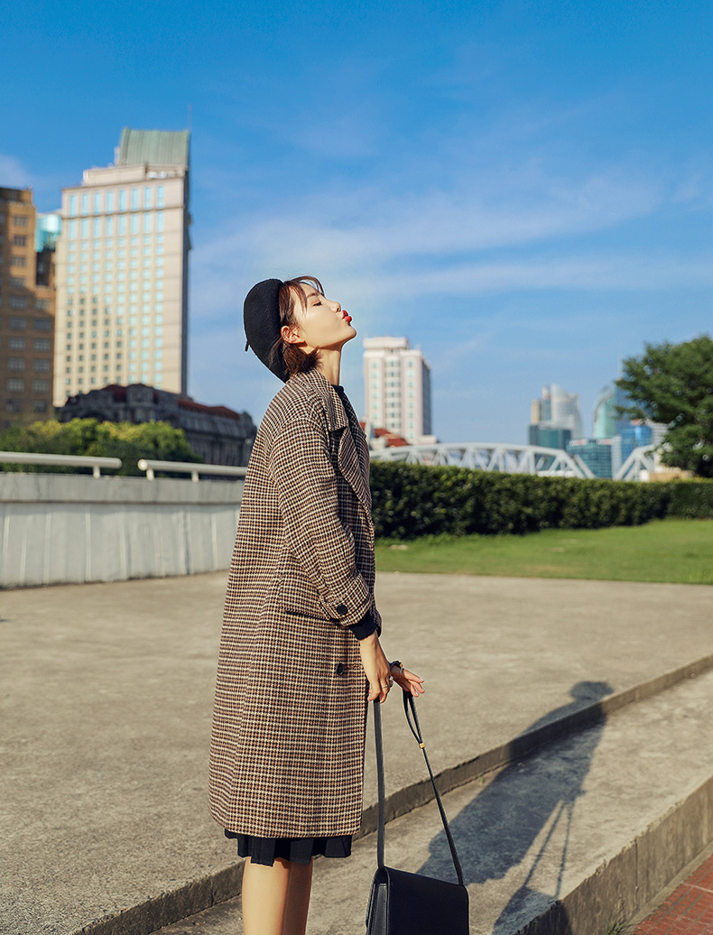 乡情浓   毛呢外套女中长款韩版秋新款学生宽松韩国千鸟格格子大衣6135