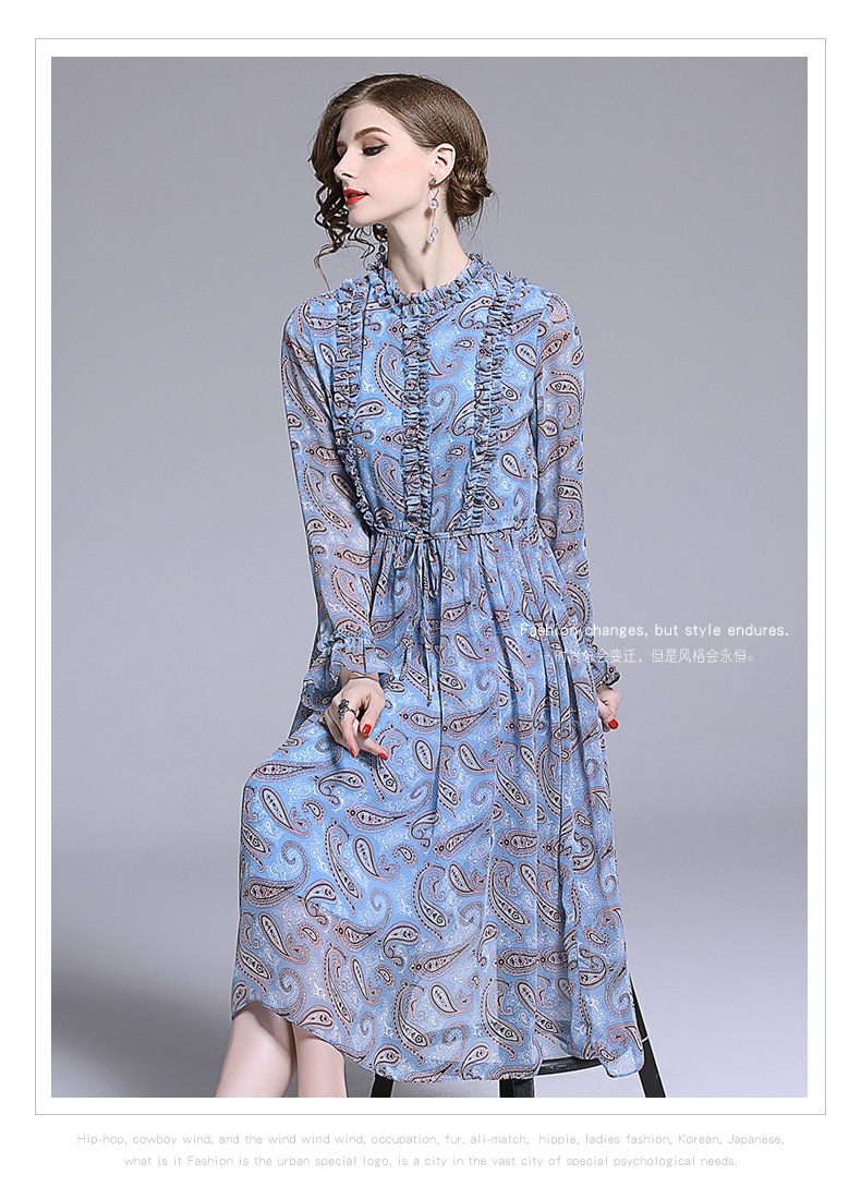法米姿    春夏新款大码女装复古蓝色木耳边系带喇叭袖气质雪纺连衣裙99202