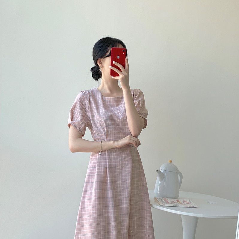 韩国夏季新款女装格子连衣裙复古气质方领中长款系带连衣