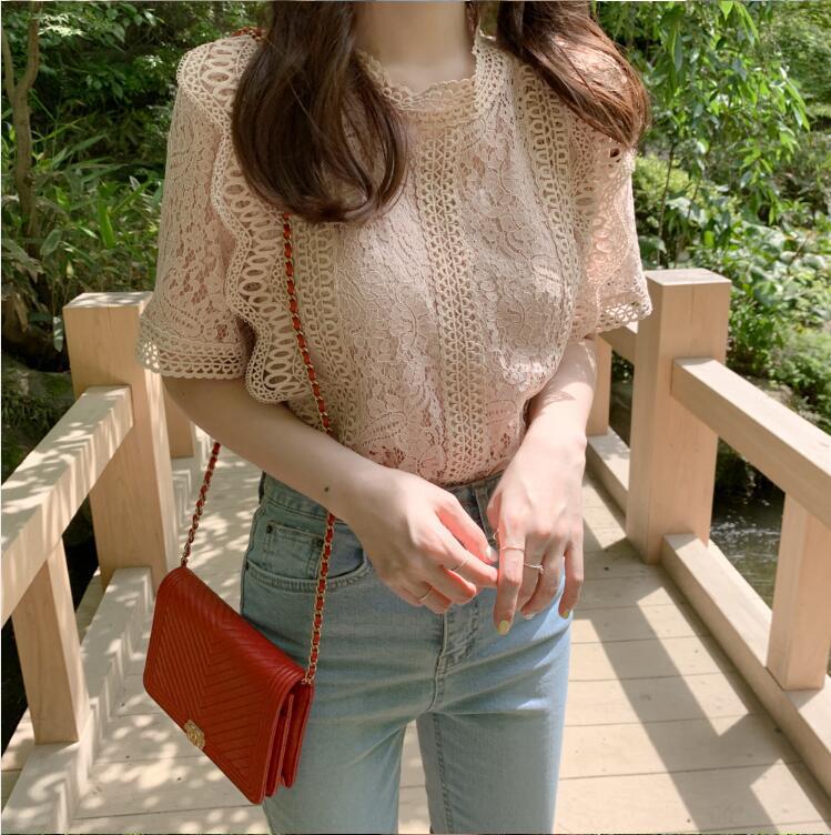 韩系夏季新款甜美女装蕾丝衬衫上衣镂空刺绣短袖蕾丝衫