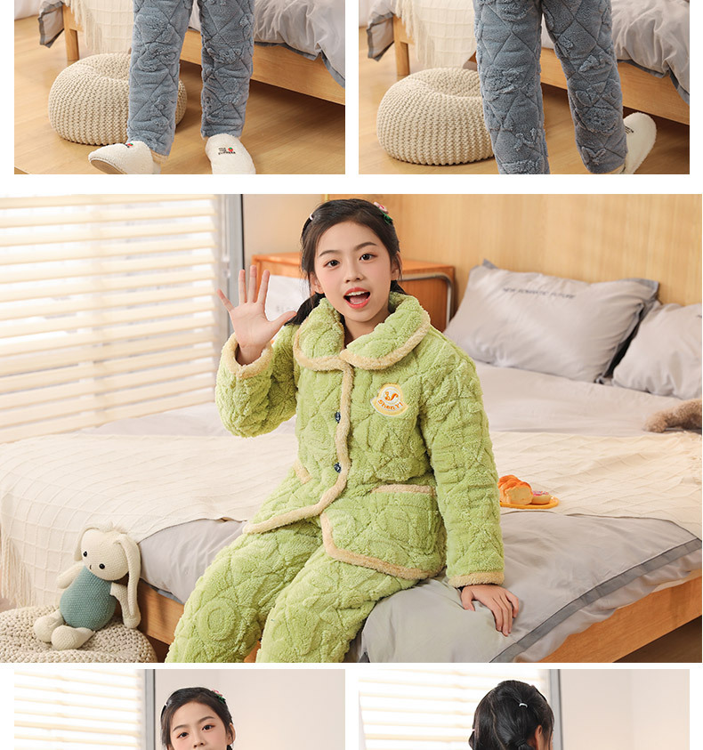 乡情浓 儿童睡衣男童冬季三层夹棉加绒加厚珊瑚绒可爱女孩大童套装