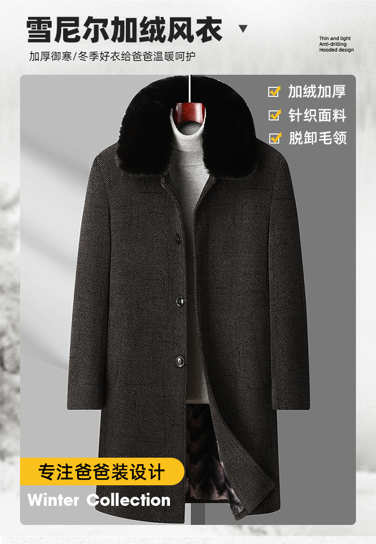 莱诗伯特 冬季新款加绒加厚脱卸毛领大衣风衣中老年男保暖外套2308