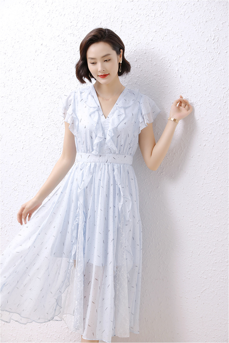 法米姿 蓝色气质蕾丝雪纺连衣裙女夏新款设计感小众荷叶