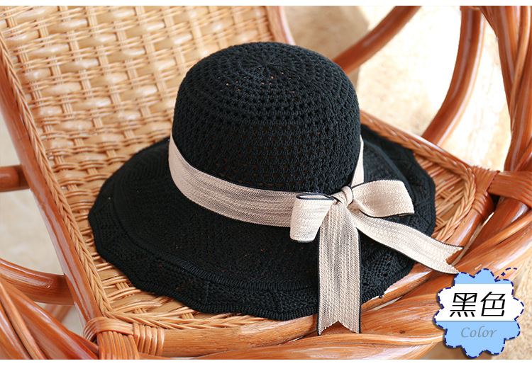 新款棉线针织帽春夏季女士遮阳帽韩版飘带盆帽可折叠沙滩帽子