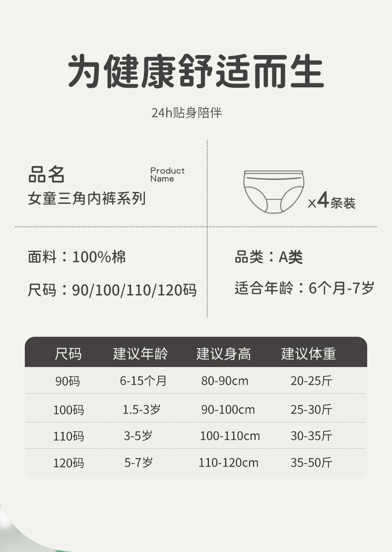 北国e家 春夏季女童内裤a类纯棉全棉女宝婴儿内裤面包裤不夹屁屁