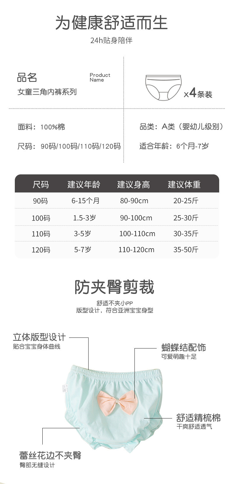 北国e家 春夏季女童内裤a类纯棉全棉女宝婴儿内裤面包裤不夹屁屁