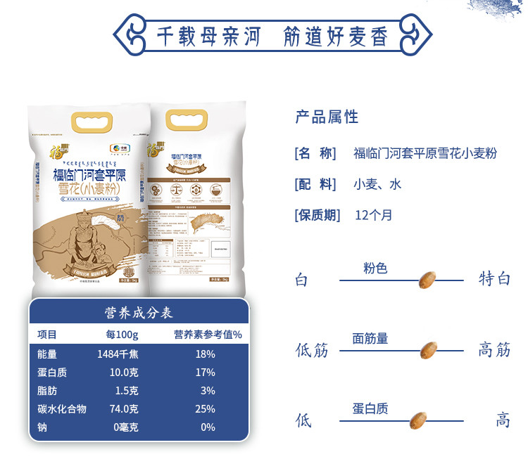 福临门河套小麦粉5kg特制一等平原麦芯雪花粉通用高筋河套面粉