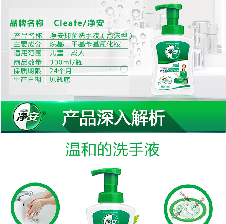 净安 （Cleafe） 净安抑菌泡沫洗手液家用儿童便携式 (泡沫型)300ml*1瓶