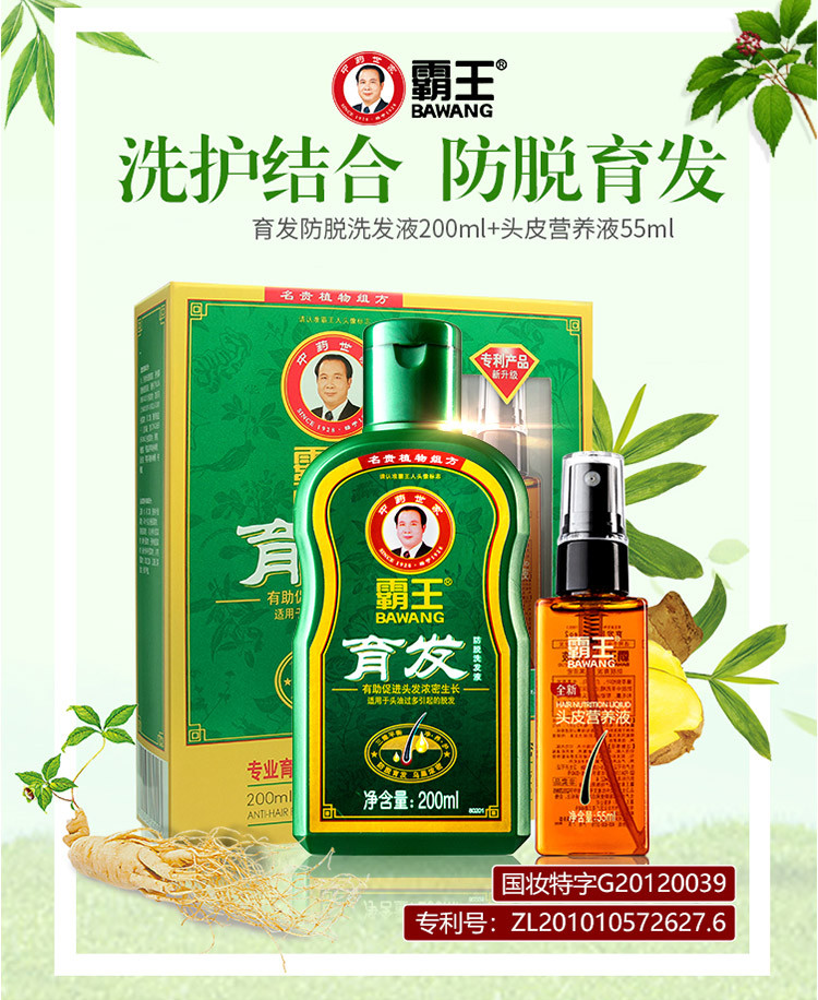 霸王 育发防脱洗发生发液套装 生姜洗发水 防脱发增发密发洗发液200ml 头皮营养育发液55ml