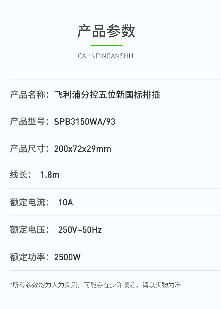 飞利浦/PHILIPS 五位分控安全插排1.8米 3150WA