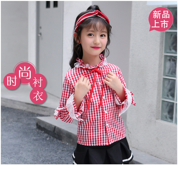 童衬衫2019春季新款女童韩版格子丝带蕾丝袖上衣中大童衬衫LY