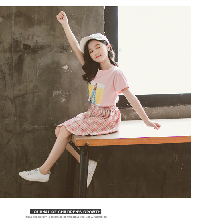 女童套装2019夏季新款韩版儿童中大童时尚贴画格子裙套
